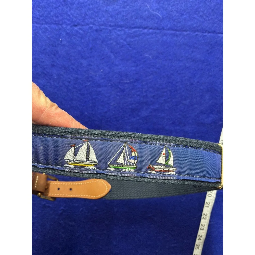 [Nautical] Mens‎ Skippers Sailboat Embroidered Canvas Leather Belt 44 Navy Brown